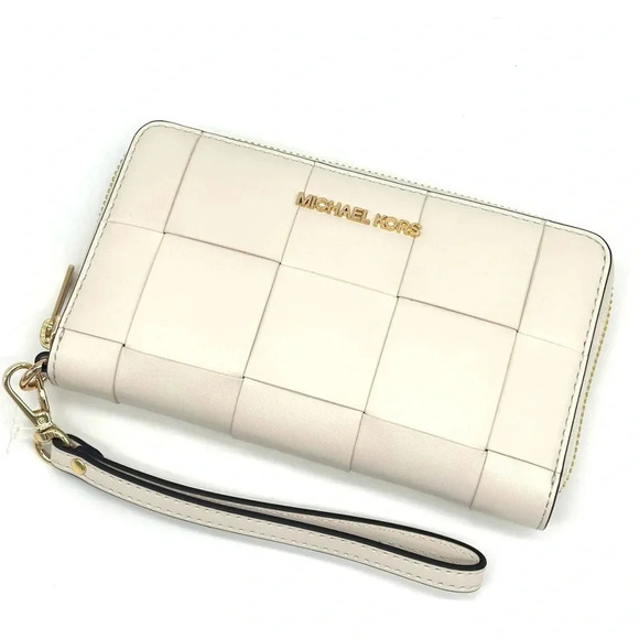 Michael Kors JST LG Flat MF Phone Case Wallet Light Cream Leather - Picture 1 of 9